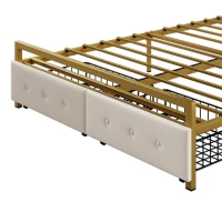 Lit multifonction 140×200 cm, compartiment de rangement intégré dans la tête de lit, prise USB et double tiroirs au pied du lit, sans matelas, Or+Blanc(m-6)