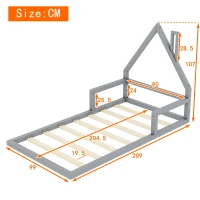 Letto Montessori a Forma di Casetta con Doghe in Legno, Letto per Cameretta per Bambini 4+ Anni, Senza Materasso, 90x200 cm, Grigio(m-3)
