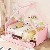 Letto per bambini a forma di casa, due cassetti sotto, senza materasso, 90×200 cm, Rosa(m-1)