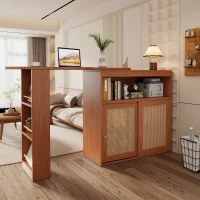 Multifunktionaler Bartisch mit Stauraum ausziehbar mit Rattangeflecht Türfronten und verstellbaren Ablagen für zuhause Braun(m-4)