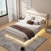 Letto imbottito moderno, con design sospeso e luce sensore, 140×200 cm,senza materasso,Beige(m-1)
