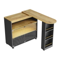 Table de bar extensible avec rangement, avec LED, Table haute bistrot îlot de cuisine, Grand espace de rangement, 138-204×39×105 cm, Noir(m-8)