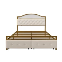 Lit multifonction 140×200 cm, compartiment de rangement intégré dans la tête de lit, prise USB et double tiroirs au pied du lit, sans matelas, Or+Blanc(m-2)