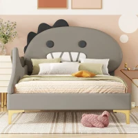 Letto Imbottito per Bambini 4+ Anni a Forma di Dinosauro con Doghe in Legno, Rivestimento in Pelle PU, Senza Materasso, 90×200 cm, Grigio(m-7)
