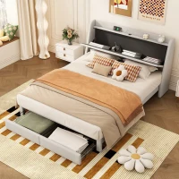 Lit rembourré 140x200 cm, avec rangement intégré dans la tête de lit, prise USB, et tiroirs au pied, sans matelas, Beige(m-1)