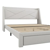 Lit rembourré 140x200 cm, avec rangement intégré dans la tête de lit, prise USB, et tiroirs au pied, sans matelas, Beige(m-6)