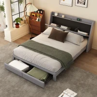 Letto imbottito con vano contenitore nella testiera, presa USB e cassetti alla base, senza materasso,140×200 cm, Grigio(m-1)