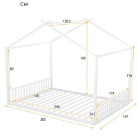 Letto Montessori a Forma di Casa con Struttura in Metallo e MDF, Letto per Cameretta per Bambini 4+ Anni, Senza Materasso, 140×200 cm, Bianco(m-3)
