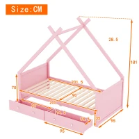 Letto per bambini a forma di casa, due cassetti sotto, senza materasso, 90×200 cm, Rosa(m-3)