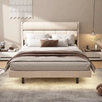 Letto imbottito moderno, con design sospeso e luce sensore, 140×200 cm,senza materasso,Beige(m-4)