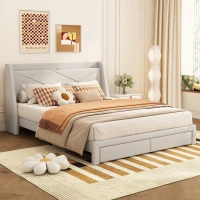 Lit rembourré 140x200 cm, avec rangement intégré dans la tête de lit, prise USB, et tiroirs au pied, sans matelas, Beige(m-5)