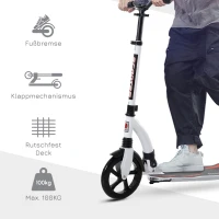 HOMCOM Kinderscooter, Kickscooter mit Stoßdämpfung, Tretroller, Klappbar und Höheverstellbar, ab 14 Jahren, Aluminium, Weiß, 92,5 x 37,5 x 82-97 cm(m-5)
