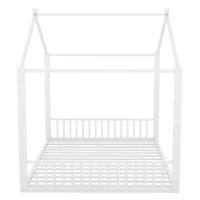 Letto Montessori a Forma di Casa con Struttura in Metallo e MDF, Letto per Cameretta per Bambini 4+ Anni, Senza Materasso, 140×200 cm, Bianco(m-11)