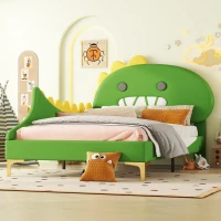Letto Imbottito per Bambini 4+ Anni a Forma di Dinosauro con Doghe in Legno, Rivestimento in Pelle PU, Senza Materasso, 90×200 cm, Verde(m-8)