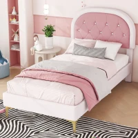 Letto imbottito con testiera curva in velluto,90×200 cm, senza materasso, Rosa(m-1)