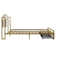 Lit multifonction 140×200 cm, compartiment de rangement intégré dans la tête de lit, prise USB et double tiroirs au pied du lit, sans matelas, Or+Blanc(m-10)