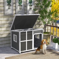 PawHut Wooden Dog House Outdoor with  Asphalt Openable Top, Removable Floor, Clear Front Panel, Curtain, 103 x 77 x 83cm(m-10)