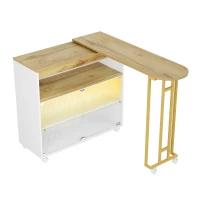 Table de bar extensible avec rangement, avec LED, mobile, Table haute bistrot îlot de cuisine, 138-204×39×105 cm, Blanc(m-12)
