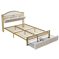 Lit multifonction 140×200 cm, compartiment de rangement intégré dans la tête de lit, prise USB et double tiroirs au pied du lit, sans matelas, Or+Blanc(m-9)