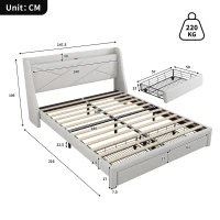 Lit rembourré 140x200 cm, avec rangement intégré dans la tête de lit, prise USB, et tiroirs au pied, sans matelas, Beige(m-3)