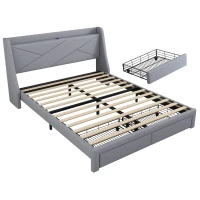 Letto imbottito con vano contenitore nella testiera, presa USB e cassetti alla base, senza materasso,140×200 cm, Grigio(m-8)