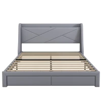 Letto imbottito con vano contenitore nella testiera, presa USB e cassetti alla base, senza materasso,140×200 cm, Grigio(m-2)
