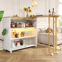 Ausziehbarer Bartisch mit Stauraum, Moderner Bar-Tisch mit LED, Beweglicher Stehtisch mit Schiebetüren, 138-204×39×105cm, Weiß(m-1)