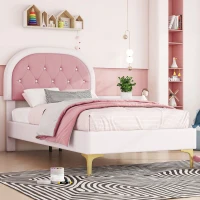 Letto imbottito con testiera curva in velluto,90×200 cm, senza materasso, Rosa(m-5)