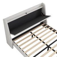 Lit rembourré 140x200 cm, avec rangement intégré dans la tête de lit, prise USB, et tiroirs au pied, sans matelas, Beige(m-7)