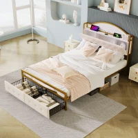 Lit multifonction 140×200 cm, compartiment de rangement intégré dans la tête de lit, prise USB et double tiroirs au pied du lit, sans matelas, Or+Blanc(m-1)