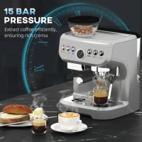 HOMCOM 15 Bar Coffee Machine, with Adjustable Grind, Steamer and Accessories - Silver Colour(m-6)