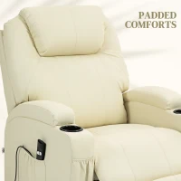HOMCOM Elektryczny Fotel Relaksacyjny z Pomocą przy Wstawaniu, Leżanka, Uchwyt na Kubek, Skóra Ekologiczna, Kremowy(m-8)
