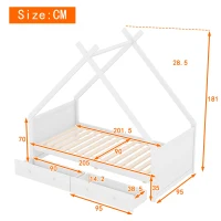 Letto a Casetta per Bambini con 2 Cassetti Estraibili, Letto per Cameretta in Legno e MDF, Senza Materasso, 90×200 cm, Bianco(m-3)