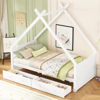 Letto a Casetta per Bambini con 2 Cassetti Estraibili, Letto per Cameretta in Legno e MDF, Senza Materasso, 90×200 cm, Bianco(m-1)