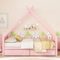 Letto per bambini a forma di casa, due cassetti sotto, senza materasso, 90×200 cm, Rosa(m-4)