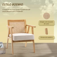 HOMCOM Cadeira de Sala de Estar com Encosto em Vime e Estrutura de Madeira de Borracha 63x69x78 cm Madeira e Bege(m-4)