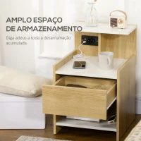 HOMCOM Mesa de Cabeceira Moderna Mesa de Cabeceira com Entrada USB Tomada Elétrica Gaveta e Prateleiras 40x40x60 cm Madeira(m-5)