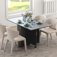 HOMCOM Masă Pliabilă, Masă Rabatabilă pentru 4-6 Persoane cu 2 Rafturi și 2 Roți, din Lemn și Metal, 140x80x74 cm, Negru(m-8)