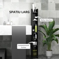Kleankin Dulap Înalt de Baie cu Rafturi și Dulapuri, Mobilier Baie Înalt Spațiu de Depozitare, din Lemn, 15x17x120 cm, Negru(m-4)