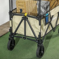 Outsunny Folding Garden Trolley, 180L Wagon Cart with Extendable Side Walls, for Beach, Camping, Festival, Khaki(m-9)
