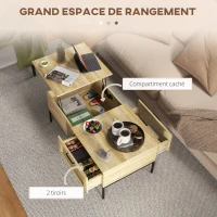 HOMCOM Table basse avec plateau relevable table de salon avec 2 grands tiroirs cadre en acier 106 x 56,3 x 48 cm naturel(m-5)