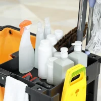 HOMCOM Cărucior de Curățenie Profesional cu 3 Rafturi cu Cârlige pentru Mătură și Sac de 100L, 121x50,5x96,5 cm, Negru(m-9)