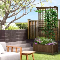 Outsunny Raised Bed with Drainage Holes, Wood Planter with Trellis for Climbing Plants to Grow Vegetables, Flowers, Brown(m-10)