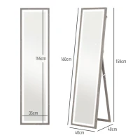 HOMCOM Oglindă de Perete Iluminată cu Lumini LED și Buton Touch, Oglindă de Podea din Sticlă și MDF, 40x5x160 cm, Gri(m-3)
