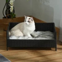 PawHut Sofá Cama para Perros de Ratán Cama Elevada Rectangular para Mascotas Gatos con Cojín Suave y Lavable para Hogar Interior 61x46x24,5 cm Negro(m-2)