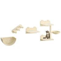 PawHut 4PCs Wall-Mounted Cat Shelves w/ Scratching Post, Hammock, Nest - Beige(m-1)