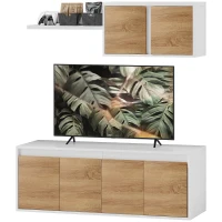 HOMCOM Set Mobilier TV și Dulap Suspendat cu 7 Rafturi și Raft Deschis, Mobilier pentru TV din PAL, 120x41x43,3 cm, Alb(m-10)