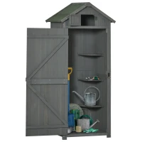 Outsunny Gartenschrank Holz, Geräteschuppen wetterfest 77x54,2x179cm, Gerätehaus mit Tür, Satteldach, Geräteschrank mit Böden, Werkzeugschrank Gartenschuppen für Garten, Terrasse, Grau+Grün(m-1)
