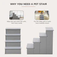 PawHut 4 Step Wooden Dog Steps Pet Stairs for Dogs, Cat Ladder for Bed Couch with Non-Slip Carpet 40 x 59 x 54.2 cm, Grey(m-5)