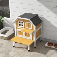 PawHut Outdoor Cat Shelter 2 Tiers Wooden Feral Cat House with Openable Asphalt Roof, Escape Doors, Terrace, for 1-2 Cats(m-9)